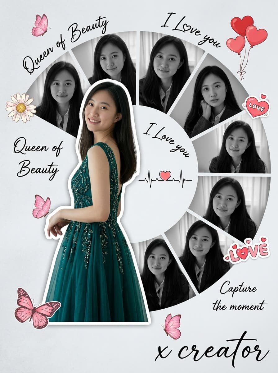 Romantic Peacock Green Collage Portrait - After